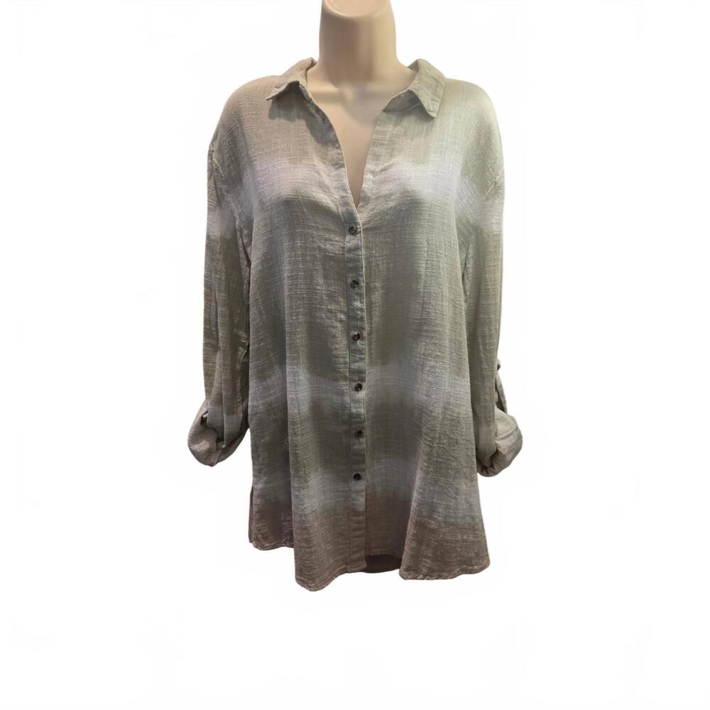 NEW XCVI women's porter button up blouse in green and white